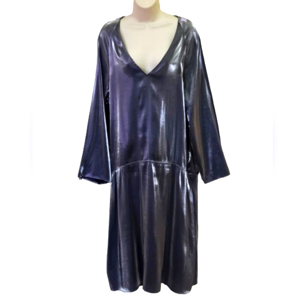H&M Dark Grey High Sheen V-Neckline Loose Fit Midi Dress,Small